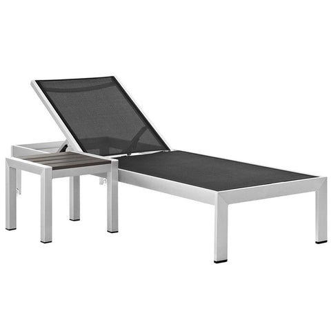 Modway Shore Aluminum Textilene® Mesh Outdoor Patio Poolside Chaise Lounge Chair and Side End Table Set in Silver Black