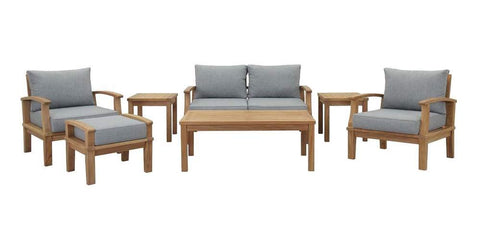 Modway EEI-1486-NAT-GRY-SET Marina Premium Grade A Teak Wood Outdoor Patio Furniture Set, Seating for Four/Side/Coffee Tables, Natural Gray