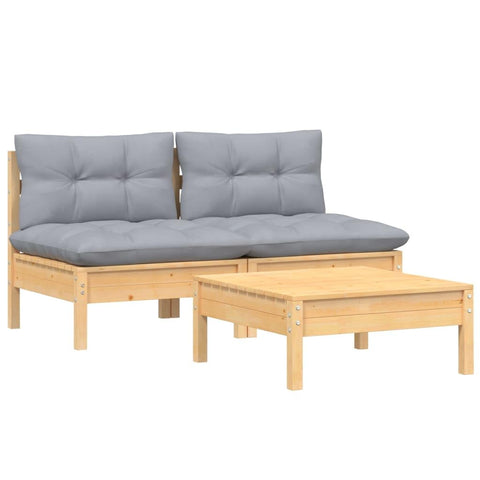 vidaXL Solid Pinewood Patio Lounge Set 3 Piece with Gray Cushions Garden Outdoor Lawn Yard Terrace Balcony Wooden Seat Seating Furniture