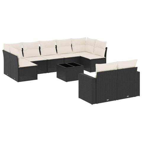 vidaXL Patio Sofa Set with Cushions 10 Piece, Sectional Sofa with Glass Table, Outdoor Conversation Set, Patio Furniture, Black Poly Rattan