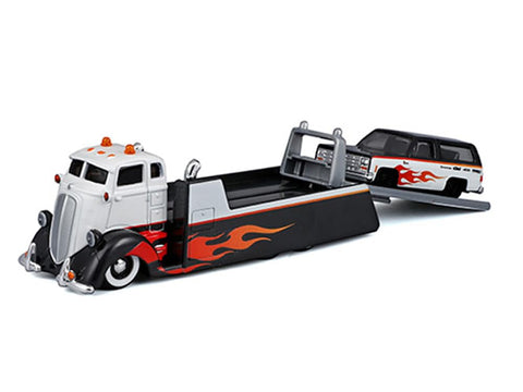COE Flatbed Truck White and Black with Flame Graphics and 1979 K5 Blazer Black and White with Flame Graphics Elite Transport Series 1/64 Diecast Models 15055-25A