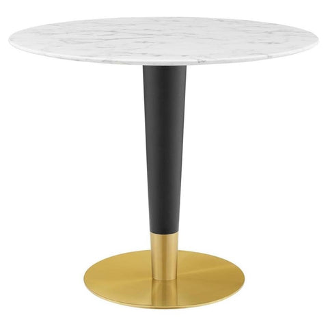 Modway Zinque Round Artificial Marble 36" Dining Table in Gold White