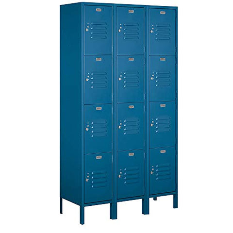 18 Inch Wide Four Tier Standard Metal Locker - 3 Wide - 6 Feet High - 21 Inches Deep - Blue - Assembled