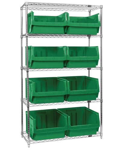 Quantum Storage Systems WR5-543GN 5-Tier Complete Wire Shelving System with 8 QMS543 Green Magnum Bins, Chrome Finish, 18" Width x 42" Length x 74" Height