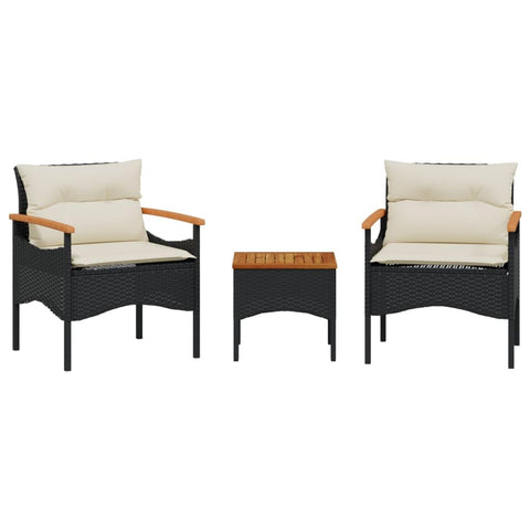 vidaXL 3 Piece Patio Sofa Set with Cushions - Black Poly Rattan/Steel, Acacia Wood Tabletop - Outdoor Garden Lounge Set for Patio, Terrace, Backyard, UV