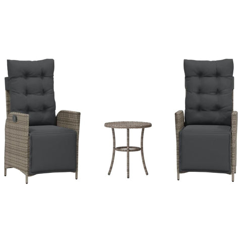 vidaXL 3-Piece Poly Rattan Bistro Set with Adjustable Reclining Chairs and Washable Cushions - Gray, Modern Outdoor Patio Furniture for Garden/Deck