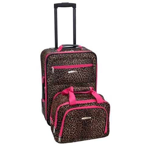 Rockland Fashion Softside Upright Luggage Set, Expandable,Lightweight,Telescopic Handle,Wheel, Pink Leopard, 2-Piece (14/19)