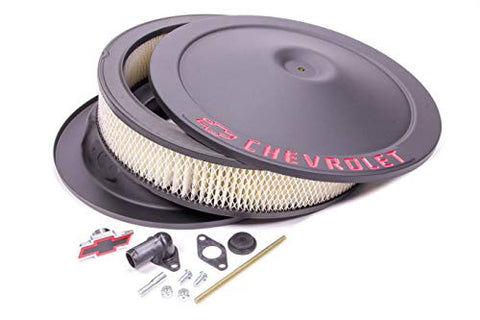 ProForm Air Cleaner Assembly, Classic, 14 in Round, 3 in Element, 5-1/8 in Carb Flange, Drop Base, Red Chevrolet Logo, Steel, Black Crinkle, Kit