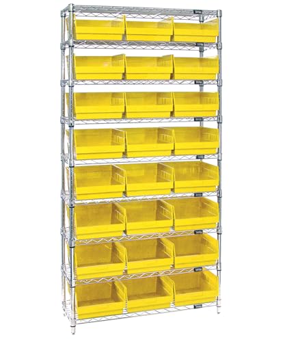 Quantum Storage Systems WR9-209YL 9-Tier Complete Wire Shelving System with 24 QSB209 Yellow Store-More Bins, Chrome Finish, 12" Width x 36" Length x 74" Height