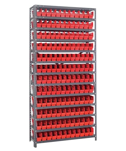 Quantum Storage Systems 1275-100RD Solid Heavy Duty 13 Shelves 144 Economy Red Bins 75" H x 36" W x 12" D