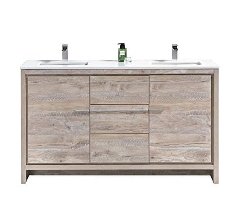 KubeBath Dolce 60? Double Sink Nature Wood Modern Bathroom Vanity with White Quartz Counter-Top