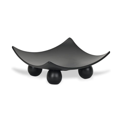 Clyne Curved Black Wood Tray on Wood Orbs – Small 8.5-Inch Square Wooden Tray, Elegant Black Finish, Modern Design, Ideal for Living Room or Tabletop – by Cheungs