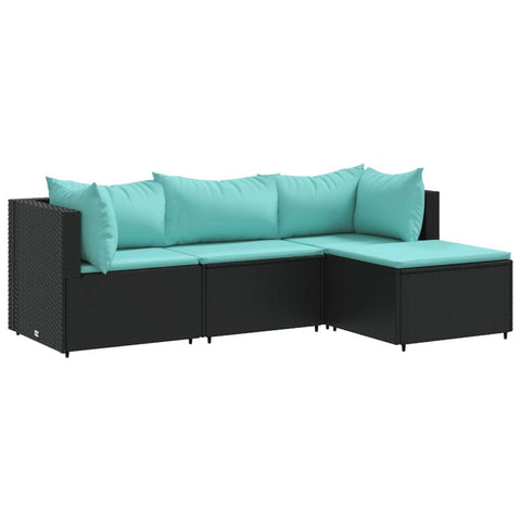 vidaXL 4 Piece Black Poly Rattan Patio Lounge Set - Cushions Included, Modular Garden Furniture, Outdoor Terrace Sofa with Footstool