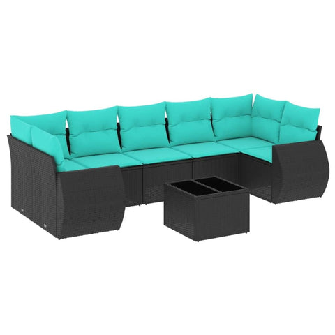 vidaXL Patio Sofa Set with Cushions 8 Piece, Sectional Sofa with Glass Table, Outdoor Conversation Set, Modern Style, Black Poly Rattan