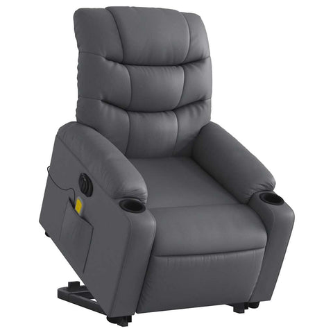 vidaXL Electric Lift Assist & Massage Recliner Chair-Gray Faux Leather with Cup Holders & Side Pocket for Living Room Comfort