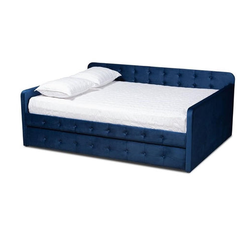 Baxton Studio Jona Navy Blue Velvet Upholstered Full Size Daybed with Trundle