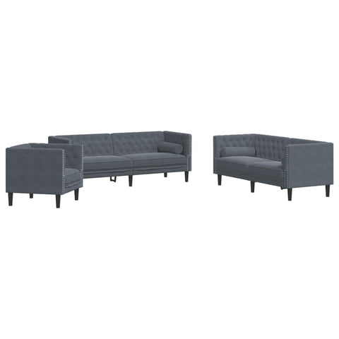 vidaXL Chesterfield Sofa Set with Bolsters 3 Piece, Upholstered Sofa Chair with Backrest, Couch Set for Living Room, Modern Style, Dark Gray Velvet