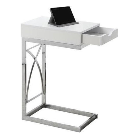 Monarch Specialties 3170, C-Shaped, End, Side, Snack, Storage, Living Room, Bedroom, Laminate, Glossy White, Contemporary Accent Table-Chrome Metal Drawer, 10.25" L x 15.75" W x 24.5" H