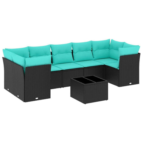 vidaXL Patio Sofa Set with Cushions 8 Piece, Sectional Sofa with Glass Table, Outdoor Conversation Set, Modern Style, Black Poly Rattan