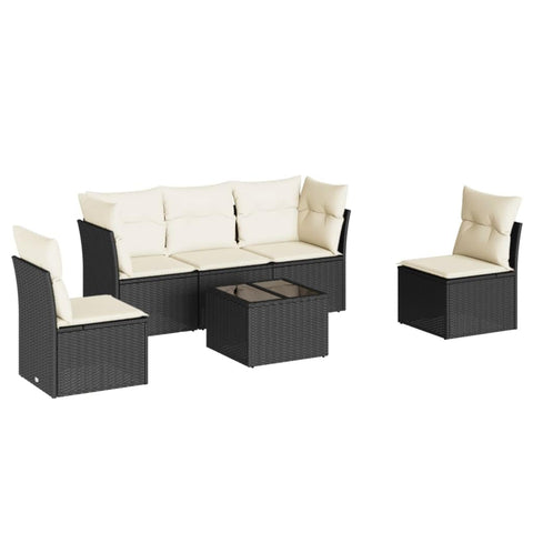 vidaXL Patio Sofa Set with Cushions 6 Piece, Patio Furniture with Glass Table, Outdoor Conversation Set, Modern Style, Black Poly Rattan