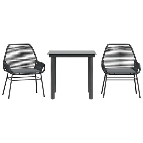 vidaXL 3 Piece Patio Dining Set - Black Poly Rattan Outdoor Furniture with Cushions & Tempered Glass Tabletop for Garden, Patio, Deck