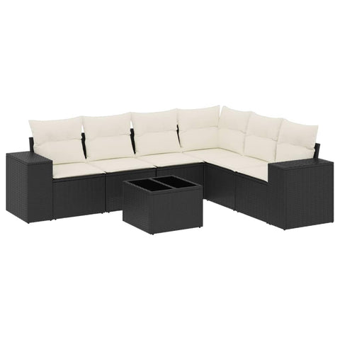 vidaXL 7 Piece Modular Garden Sofa Set with Cushions Black and Cream Outdoor Furniture Storage Functionality Water Resistant Ideal for 6 People Seating Patio Poly Rattan Conversation Lounge Seat