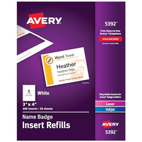 Avery Customizable Name Badge Inserts for Name Tag Holders, 3" x 4", White, Laser/Inkjet Printable, 300 Total (5392)