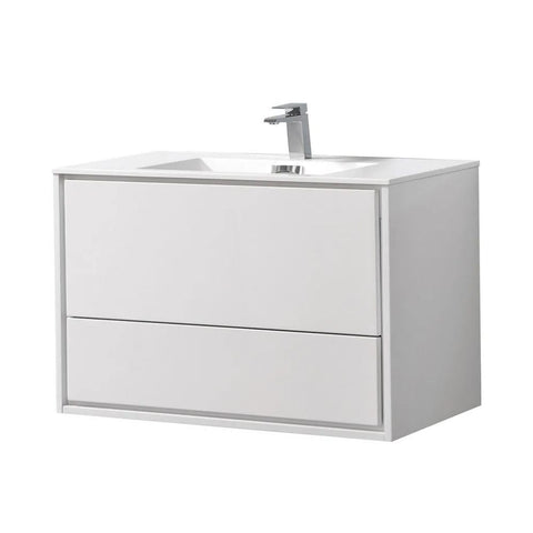 Oakestry Delusso 36-Inch High Gloss White Wall Mount Modern Bathroom Vanity with Integrated Acrylic Sink and Soft Close Drawer