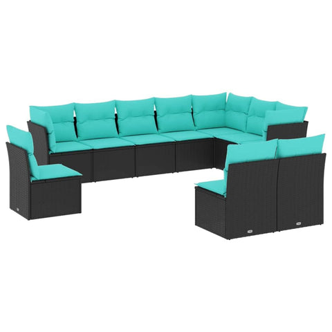 vidaXL 10 Piece Modular Garden Sofa Set with Weather Cushions in Black and Blue â€” Spacious Seating for Outdoor Chilling or Lounging Around