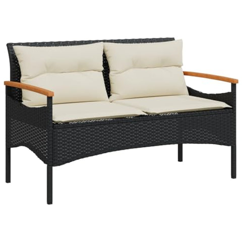 vidaXL Patio Bench with Cushions - Black Poly Rattan, Powder-Coated Steel Frame & Acacia Wood, 45.7"x24.6"x29.1" - Comfortable Outdoor Seating for Garden, Deck, Patio - Easy Assembly