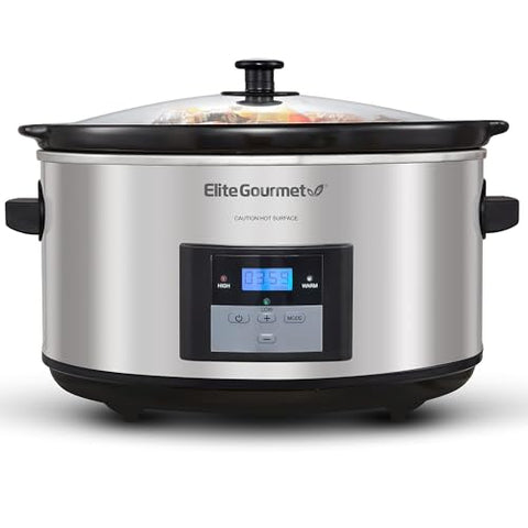 Elite Gourmet MST-900D 8.5Qt Digital Programmable XL Jumbo Slow Cooker, Adjustable Temp, Entrees, Sauces, Stews & Dips, Dishwasher Safe Glass Lid & Crock, Stainless Steel