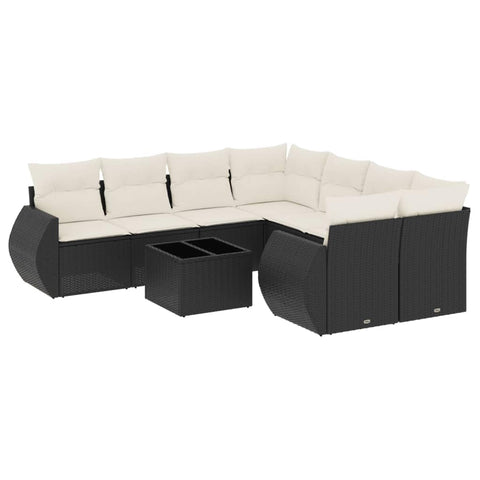 vidaXL Patio Sofa Set with Cushions 9 Piece, Sectional Sofa with Glass Table, Outdoor Conversation Set, Modern Style, Black Poly Rattan