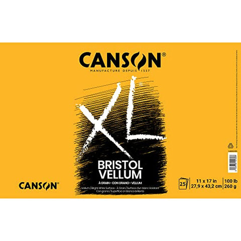 Canson XL Series Bristol Paper, Vellum, Foldover Pad, 11x17 inches, 25 Sheets (100lb/260g) - Artist Paper for Adults and Students - Charcoal, Pen and Ink, Marker, and Pastel