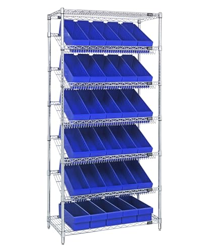 Quantum Storage Systems WRS-7-602BL Wire Slanted 7 Shelves 30 Super Tuff Euro Blue Bins 74" H x 36" W x 18" D