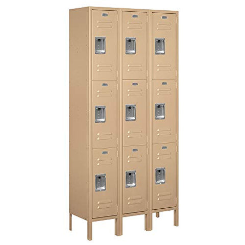 Salsbury Industries Assembled 3-Tier Standard Metal Locker with Three Wide Storage Units, 6-Feet High by 12-Inch Deep, Tan