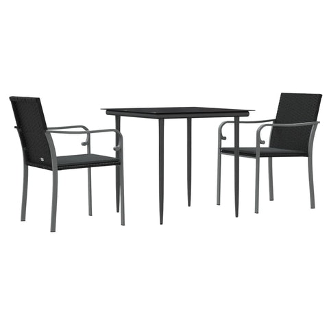 vidaXL 3-Piece Patio Dining Set - Poly Rattan & Steel with Cushions, Black - Modern Outdoor Furniture for Garden, Patio, Deck
