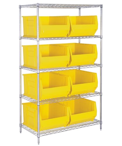 Quantum Storage Systems WR5-975YL 5-Tier Complete Wire Shelving System with 8 QUS975 Yellow Hulk Bins, Chrome Finish, 30" Width x 42" Length x 74" Height