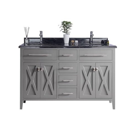 Oakestry Wimbledon 60" Grey Double Sink Bathroom Vanity with Black Wood Marble Countertop – Solid Oak, Soft-Close Doors & Drawers, Pre-Assembled