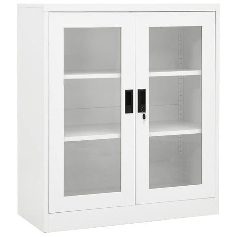 vidaXL Steel Office Cabinet with Lock - White File Cabinet with Adjustable Shelves & Tempered Glass Doors - Durable & Organized Storage Solution, Size 35.4"x15.7"x41.3"