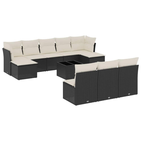 vidaXL Patio Sofa Set with Cushions 11 Piece, Sectional Sofa with Glass Table, Outdoor Conversation Set, Modern Style, Black Poly Rattan