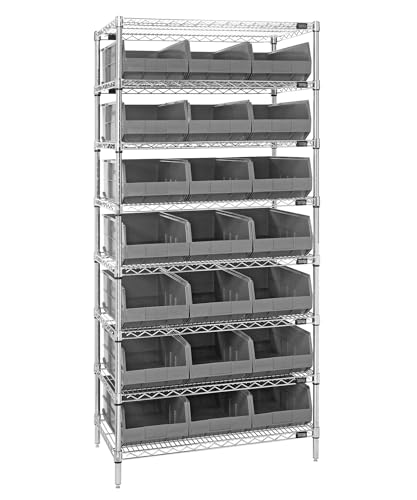 Quantum Storage Systems WR8-425GY Wire Heavy Duty 8 Shelves 21 Stackable Shelf Bins Gray Bins 74" H x 36" W x 12" D