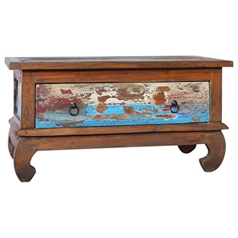 vidaXL Coffee Table - Reclaimed Teak Wood - ic Vintage Design - with Organizational Drawer and Retro Handle - Dimensions: 31.5"x19.7"x15.7" - Multicolor Spots Pattern and Unique Claw-Legs Design