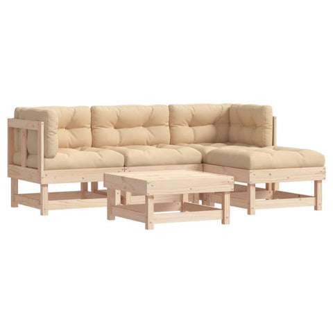 vidaXL Solid Pine Wood 5 Piece Patio Lounge Set - Natural Brown Indoor/Outdoor Furniture with Beige Cushions, Ideal for Garden, Patio, Terrace