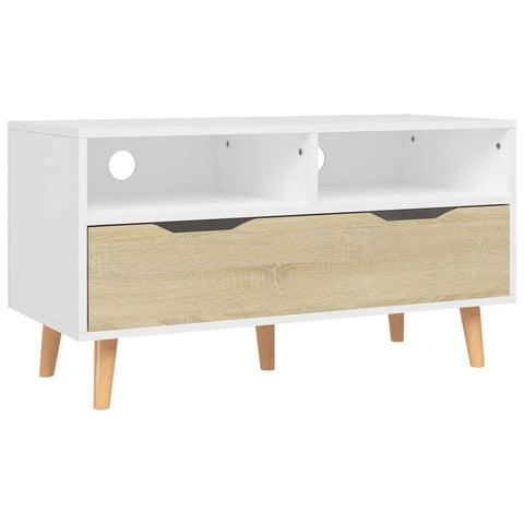 vidaXL Scandinavian Style TV Stand - White and Sonoma Oak, Engineered Wood - Ample Storage - Robust Build - Easy to Clean - California Warning Included