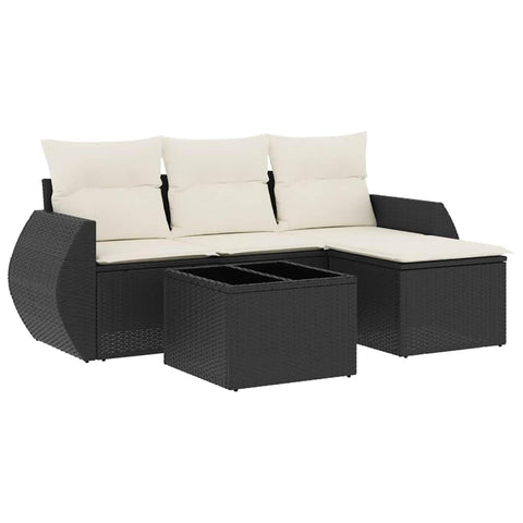 vidaXL Patio Sofa Set with Cushions 5 Piece, Sectional Sofa with Glass Table, Outdoor Conversation Set, Modern Style, Black Poly Rattan