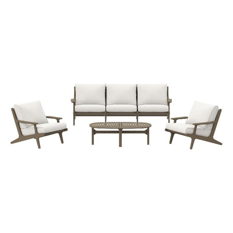 Modway Saratoga 4-Piece Teak Wood Outdoor Furniture Set in Weathered Gray White - Patio Conversation Set with Sofa, 2 Armchairs, and Coffee Table