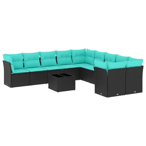 vidaXL Patio Sofa Set with Cushions 11 Piece, Sectional Sofa with Glass Table, Outdoor Conversation Set, Modern Style, Black Poly Rattan