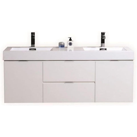 Oakestry Bliss 60 Inch Wall Mounted Bathroom Vanity High Gloss White Finish Modern Floating Cabinet with Double Integrated Ceramic Sinks and Soft Close Drawers for Large Bathrooms