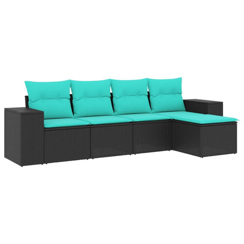 vidaXL Patio Sofa Set - Outdoor 5-Piece Black Poly Rattan with Blue Cushions for Terrace, Garden, Deck - Modular Design