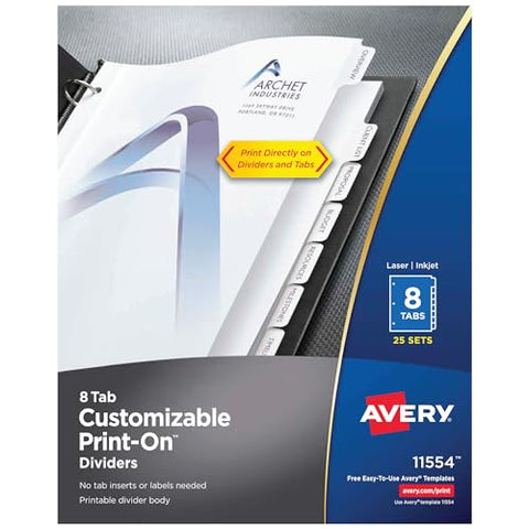customizable print-on dividers 3-hole punched 8-tab 11 x 8.5 white 25 sets